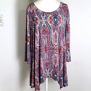 Honeyme Red, White & Blue Paisley Design Tunic, Longer on the Sides, Size 1X